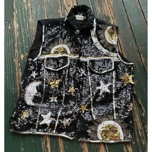 Vintage The Icing Sequin Celestial Sun Moon Stars Vest Black Gold Silver L